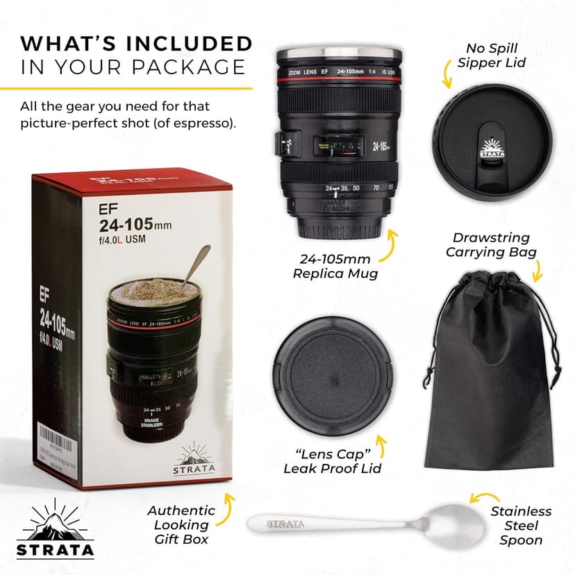 STRATA CUPS Camera Lens Coffee Mug -13.5oz | (2 LIDS + SPOON + BAG) Gift for Him, Dad Gifts, Photography, Camera accessories, Novelty Gifts