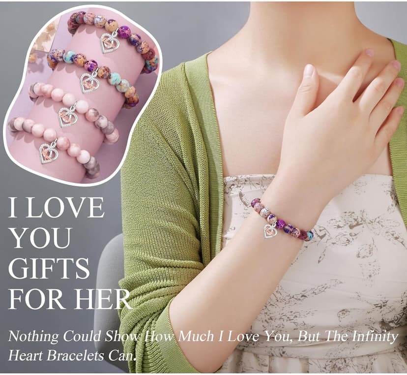 𝗚𝗶𝗳𝘁𝘀 𝗳𝗼𝗿 𝗪𝗼𝗺𝗲𝗻 𝗜𝗻𝗳𝗶𝗻𝗶𝘁𝘆 𝗟𝗼𝘃𝗲 𝗛𝗲𝗮𝗿𝘁 𝗕𝗿𝗮𝗰𝗲𝗹𝗲𝘁 Christmas Birthday Gifts for Sister Daughter Granddaughter Grandma, Natural Colorful Imperial Jasper Bracelet for Mom Wife Nana Aunt