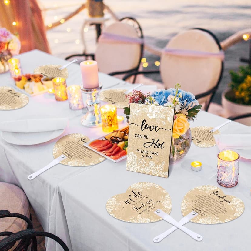 Roowest 101 Pcs Wedding Fans Gifts for Guests 100 Pcs Wedding Hand Plastic Fans and a Table Sign for Bridal Shower Party Favor Appreciation(Wood,Retro Lace)