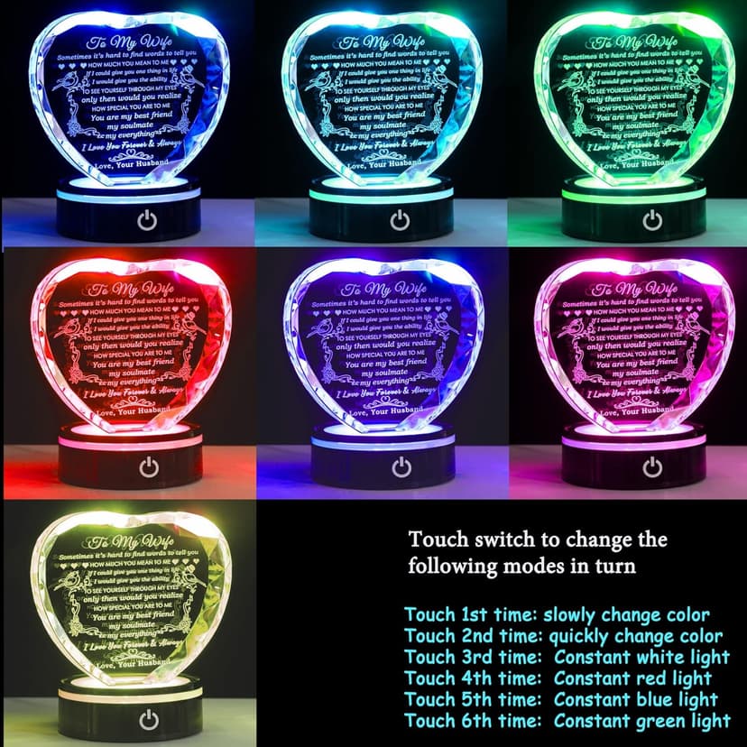 YWHL Gifts for Wife with Colorful LED Base Romantic Wedding Anniversary I Love You Gifts for Her Best Wife Birthday Gift Ideas to My Wife Crystal Keepsakes Presents from Husband