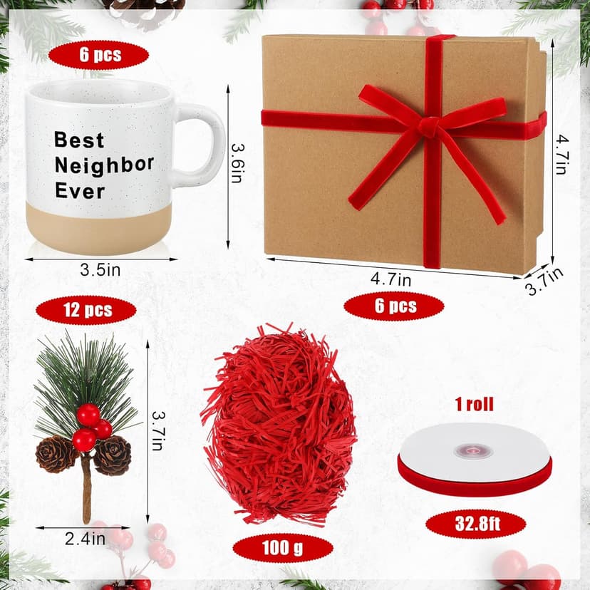 6 Set Christmas Gifts for Neighbors Best Good Neighbor Ever Gifts Ceramic Coffee Mugs Set with Box, Ribbon, Pine Branch for Xmas Holiday Neighborhood Treats Housewarming Goodbye Farewell Appreciation