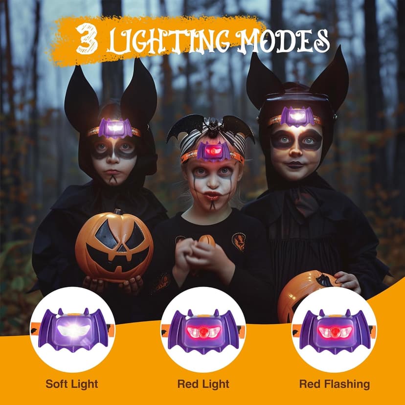 EverBrite Halloween Bat Headlamps Halloween Gifts,3 Modes Head Lamps with Warm/Red/Strobe Lights, Headlights for Halloween Party and Decorations 2 Pack