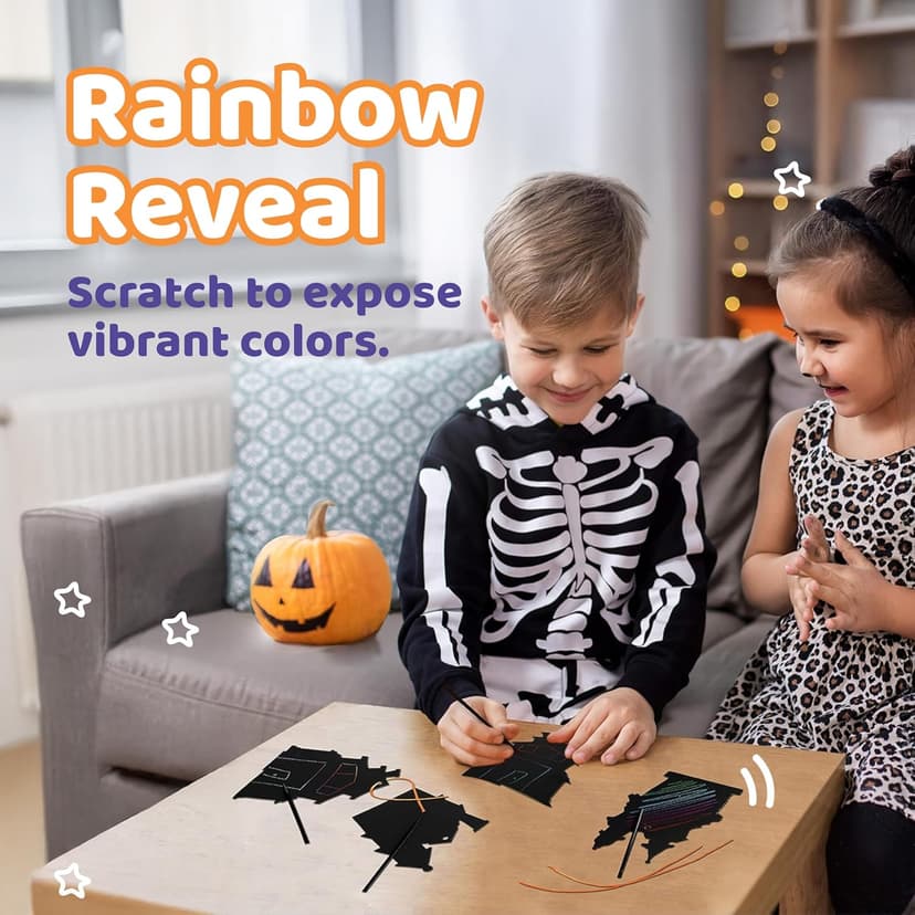 Halloween Magic Scratch Crafts for Kids and Adults - DIY Halloween Decorations - Haunted House Arts and Crafts Ornaments - Includes 24 Haunted House Ornaments, 24 Scratch Sticks, 24 Satin Cord Ribbons