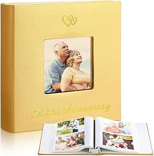 Memory Photo Album Holds 200 Pcs 4 x 6 Inch Leather Wedding Anniversary Family Photo Album with Front Window Double Heart Memory Scrapbook for Couple Gifts(50th Anniversary)