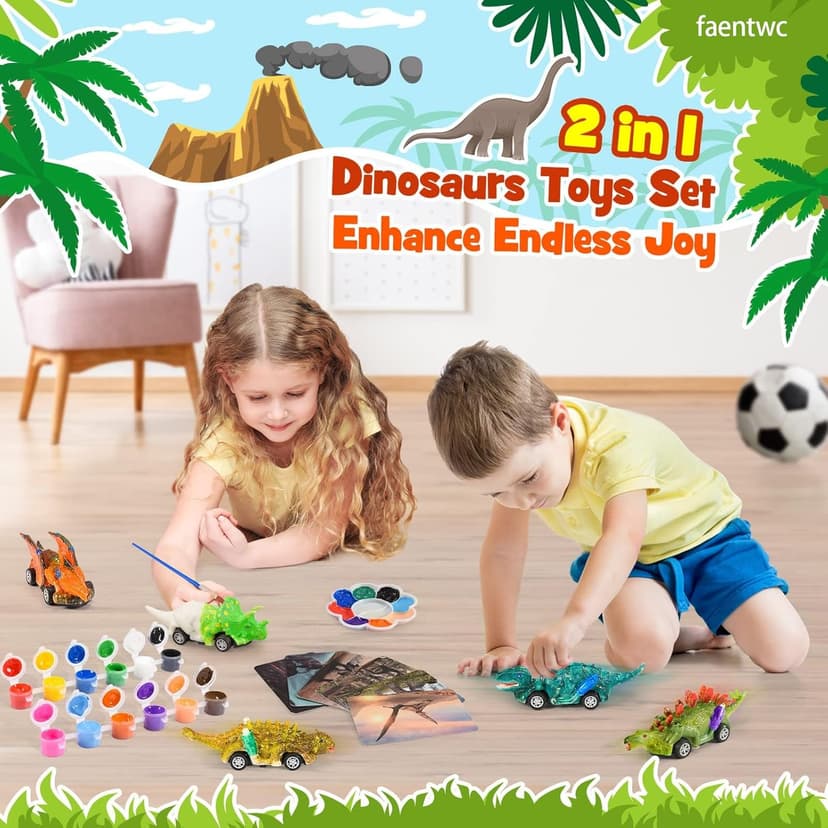 faentwc Dinosaur Painting Toys for Kids 5-7: 2 in 1 Dino Arts Painting Kits and Pull Back Cars Toy for Boys 4 5 6 7 8 9 10 Year Old Art & Craft Set for Girl DIY Easter Birthday Gifts for Kid Age 3-12