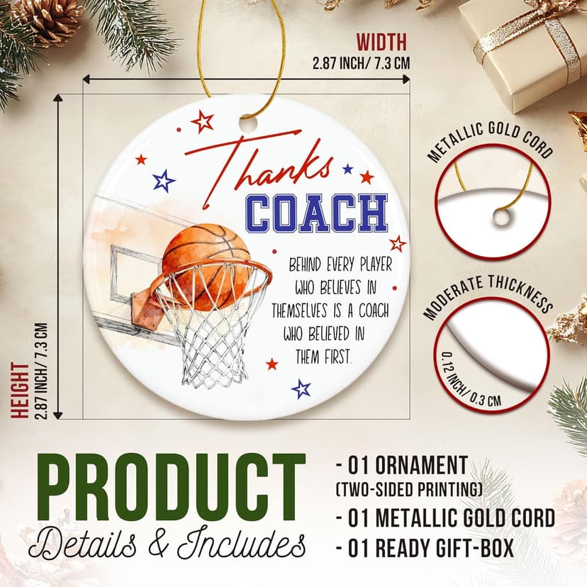 ZAGKOO Basketball Coach Ornament 2025 - Coaches Christmas Ornaments for Men and Women - Basketball Coach Gifts - Sports Thank You and Appreciation Gift Ideas - Ceramic Xmas Tree Ornament Decoration