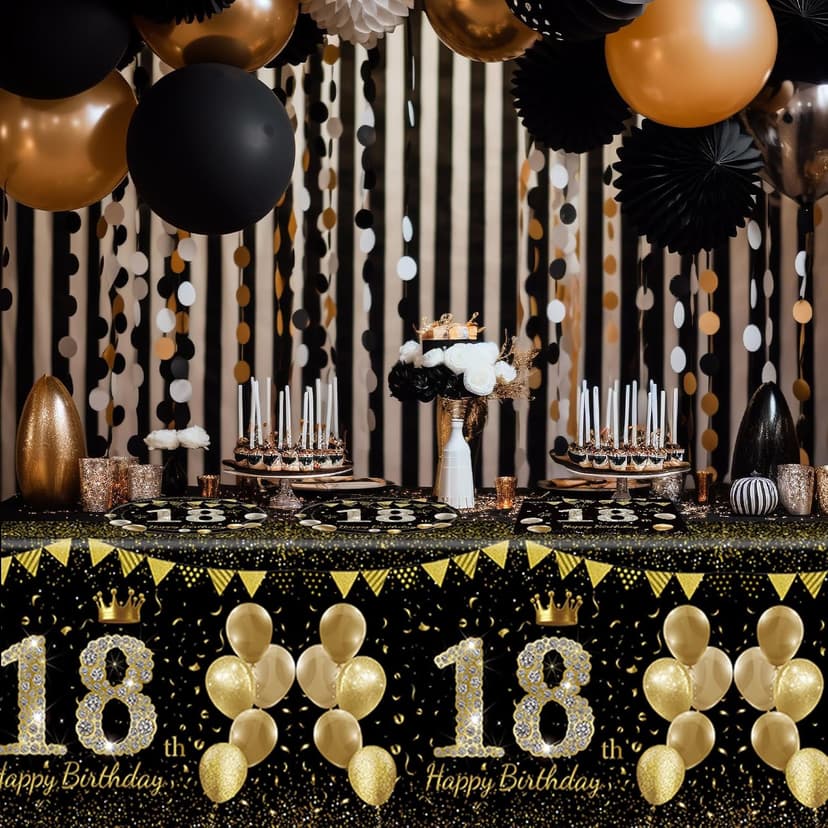 41Pcs 18th Birthday Decorations for Boy Girls, Black Gold 18 Year Old Happy Birthday Girl Decorations include Plates Napkins Tablecloth for Official Teenager 18th Birth Party