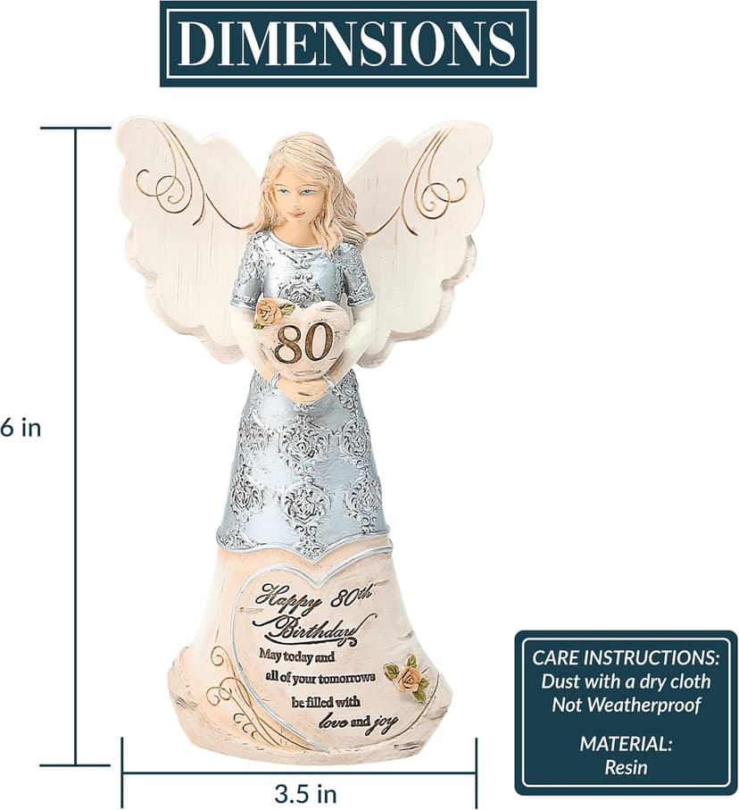 Pavilion 'Happy 80th Birthday' 82475 Elements Angels - Polyresin Birthday Angel Figurine - Silver Hand-Painted Remembrance and Keepsake Gift Angel for Grandmothers, Mothers, Aunts, Friends, Women