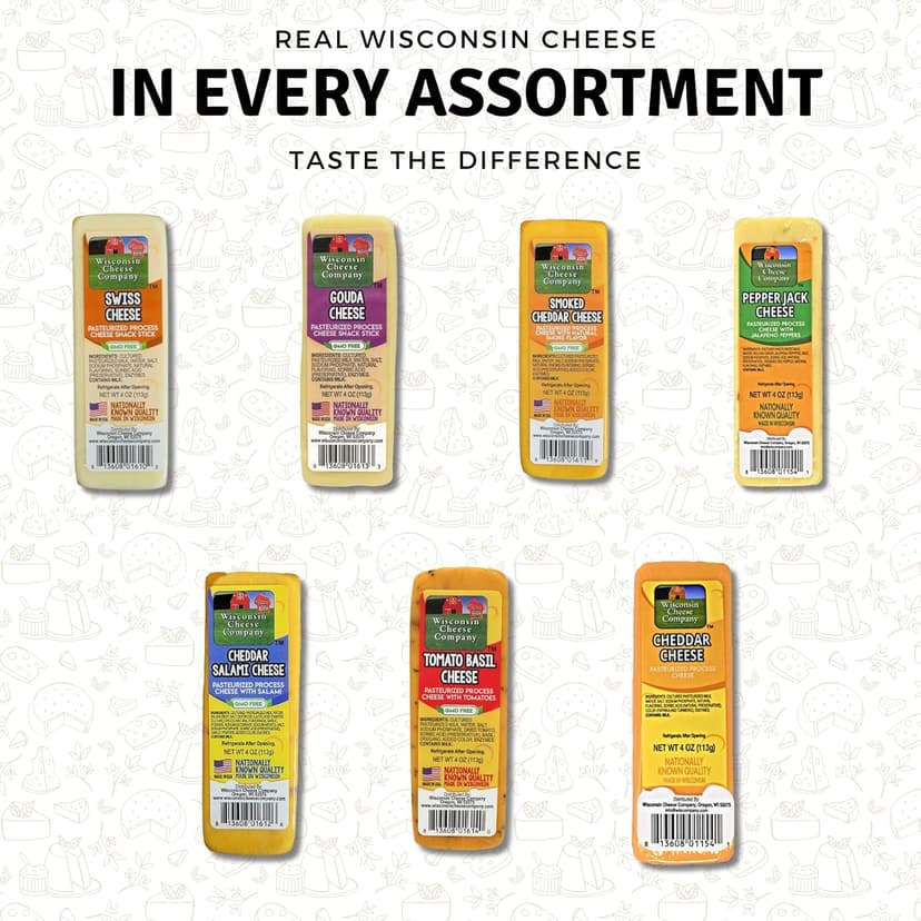 Wisconsin Cheese Company - Specialty 100% Wisconsin Cheese Block Assortment Sampler - (Pack of 7 Blocks) Cheddar, Pepper Jack, Swiss, Gouda, Salami, Smoked Cheddar & Tomato Basil | Locally Sourced | Perfect for Parties, Charcuterie Boards and Birthday Gifts | Great Birthday Gift for Cheese Lovers