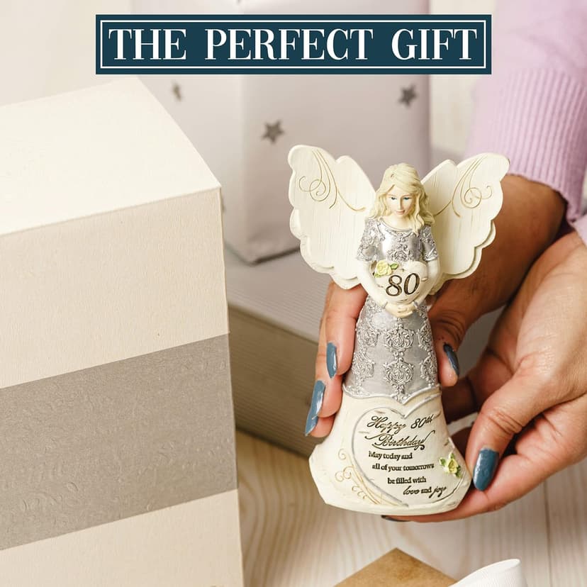 Pavilion 'Happy 80th Birthday' 82475 Elements Angels - Polyresin Birthday Angel Figurine - Silver Hand-Painted Remembrance and Keepsake Gift Angel for Grandmothers, Mothers, Aunts, Friends, Women