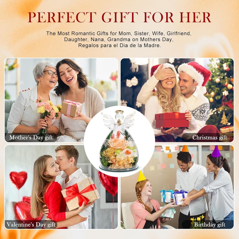 Gifts for Women Birthday Preserved Rose Forever Flower in Glass Angel Figurines Fresh Flowers for Delivery for Mom Real Colorful Roses for Grandma Sister Wife Her from Daughter