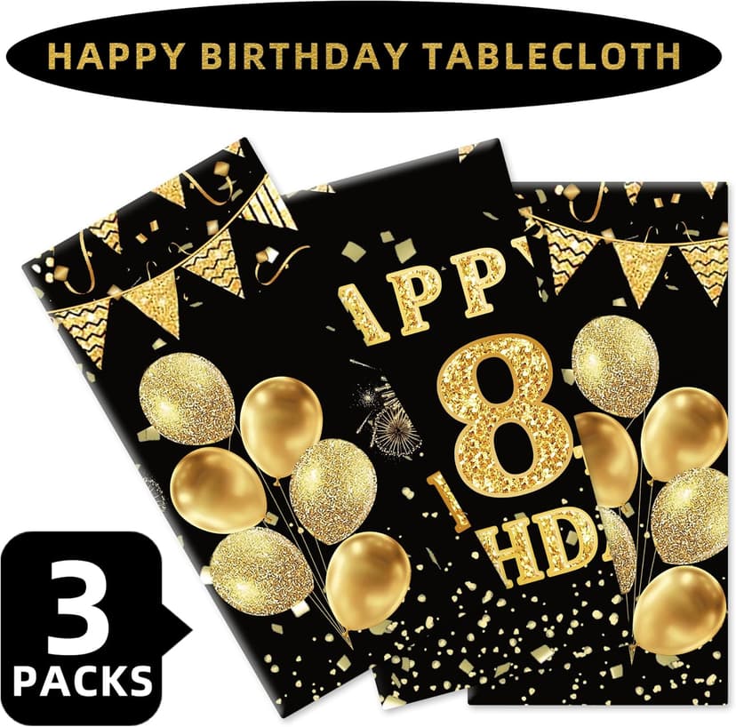 Labeol 3 Pack 18th Birthday Tablecloth, Black and Gold Happy 18th Birthday Decorations, Disposable Plastic Rectangular Table Cover Party Supplies for Boys Girls