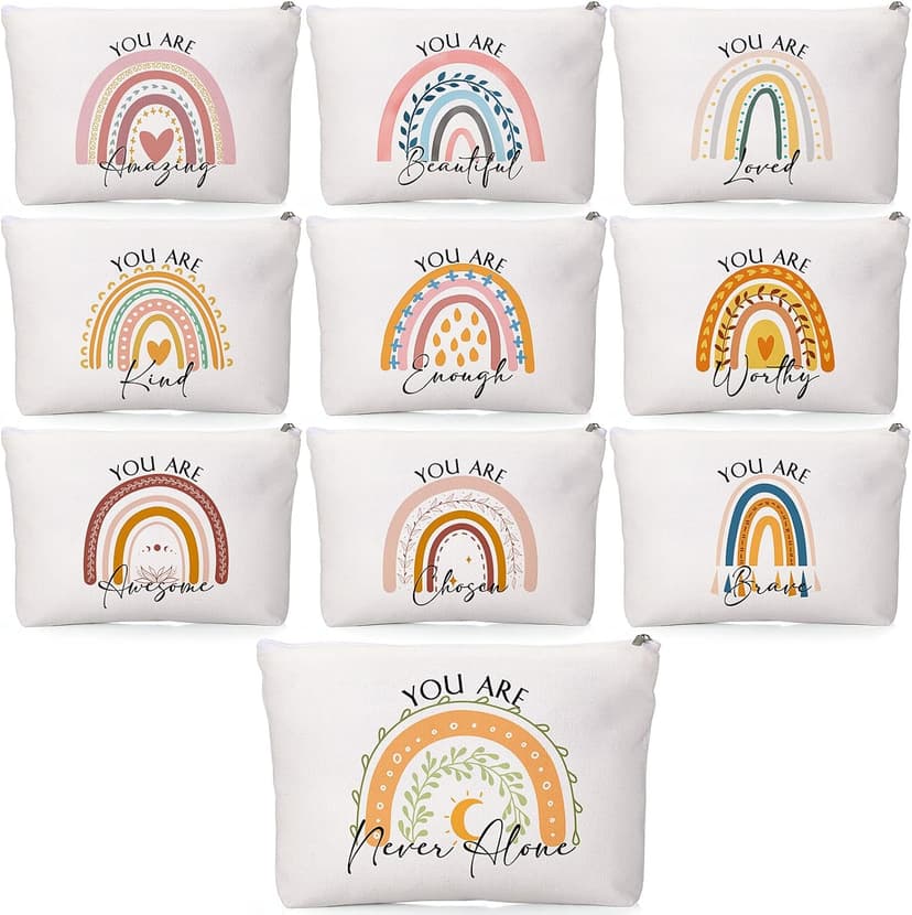Coume 10 Pcs Rainbow Canvas Makeup Bags Bulk Inspirational Quotes Cosmetic Zipper Personalized Encouragement Travel Pouch Toiletry Bag for Women Girls Teacher Friend Birthday