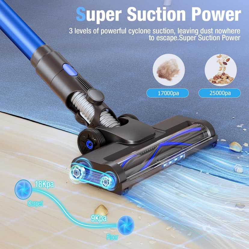 Cordless Vacuum Cleaner, 550W 45KPA 50Min Vacuum Cleaners for Home, Self-Standing Stick Vacuum with Touch Screen, 3 Power Modes, Rechargeable Battery, Handheld Vacuum for Pet Hair Carpet Floor