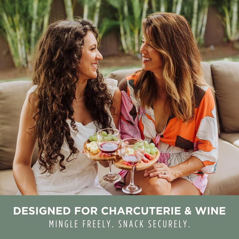 PICNIC TIME Wine Appetizer Plates, Set of 4 Wooden Cocktail Plates with Glass Holder, Mini Charcuterie Boards for Wine and Cheese Parties, Acacia Cheese Board Serving Trays (Oval - Acacia Wood)