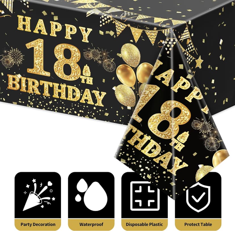 Labeol 3 Pack 18th Birthday Tablecloth, Black and Gold Happy 18th Birthday Decorations, Disposable Plastic Rectangular Table Cover Party Supplies for Boys Girls