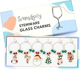 Christmas Wine Glass Charms, Christmas Hostess Gift, Christmas Table Decor, Stockings Stuffer, Set of 6 Gold Enamel Charms, Christmas Tree, Santa Claus, Candy Cane, Snowman