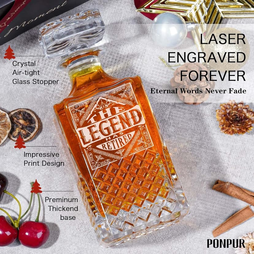 PONPUR The Legend Has Retired 2025 Retirement Gifts for Men Women Stocking Stuffers, Whiskey Decanter Gift Set with 2 Whisky Glasses, Best Christmas Birthday Presents for Dad Coworkers Teacher