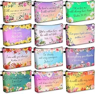 Chunful 12 Pcs Inspirational Christian Gifts Religious Makeup Bags Bulk for Women Bible Verse Flower Cosmetic Bag Thanksgiving Christmas Gift for Church Ladies, 7.48 x 4.72 Inch(Stylish)