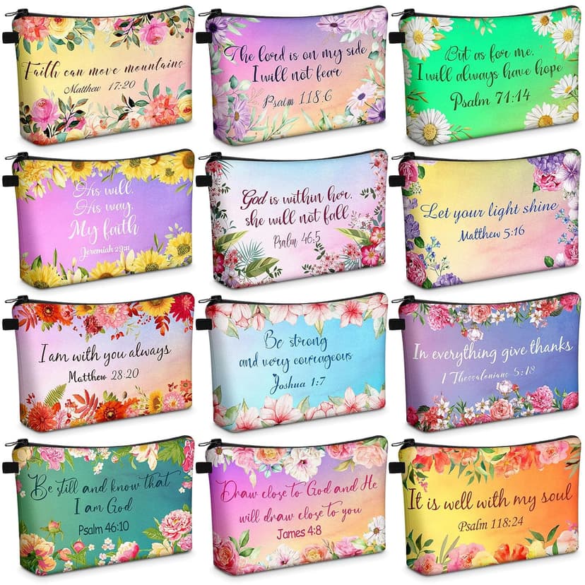 Chunful 12 Pcs Inspirational Christian Gifts Religious Makeup Bags Bulk for Women Bible Verse Flower Cosmetic Bag Thanksgiving Christmas Gift for Church Ladies, 7.48 x 4.72 Inch(Stylish)