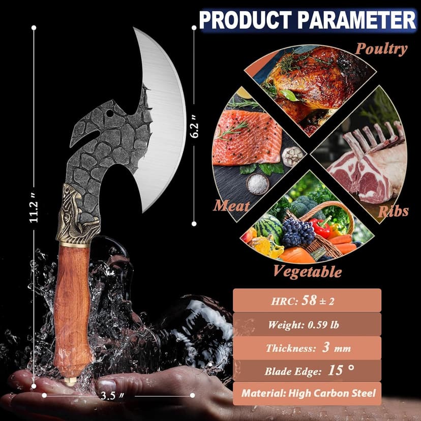ROCOCO Viking Cleaver Knife Butcher Meat Cutting Boning Knife Hand Forged Chinese Kitchen Axe with Sheath Home Outdoor BBQ Camping Chirstmas Birthday Chirstmas Mother Father Gift Men