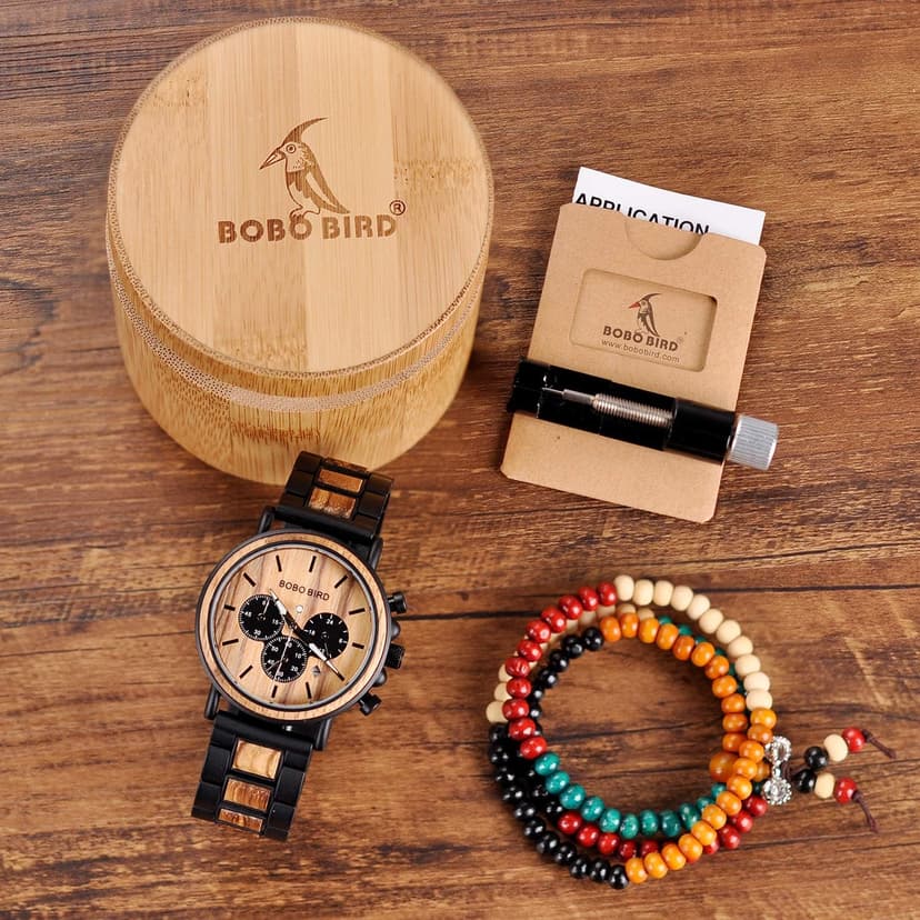 BOBO BIRD Mens Personalized Engraved Wooden Watches, Stylish Wood & Stainless Steel Combined Quartz Casual Wristwatches for Men Family Friends Customized Watch