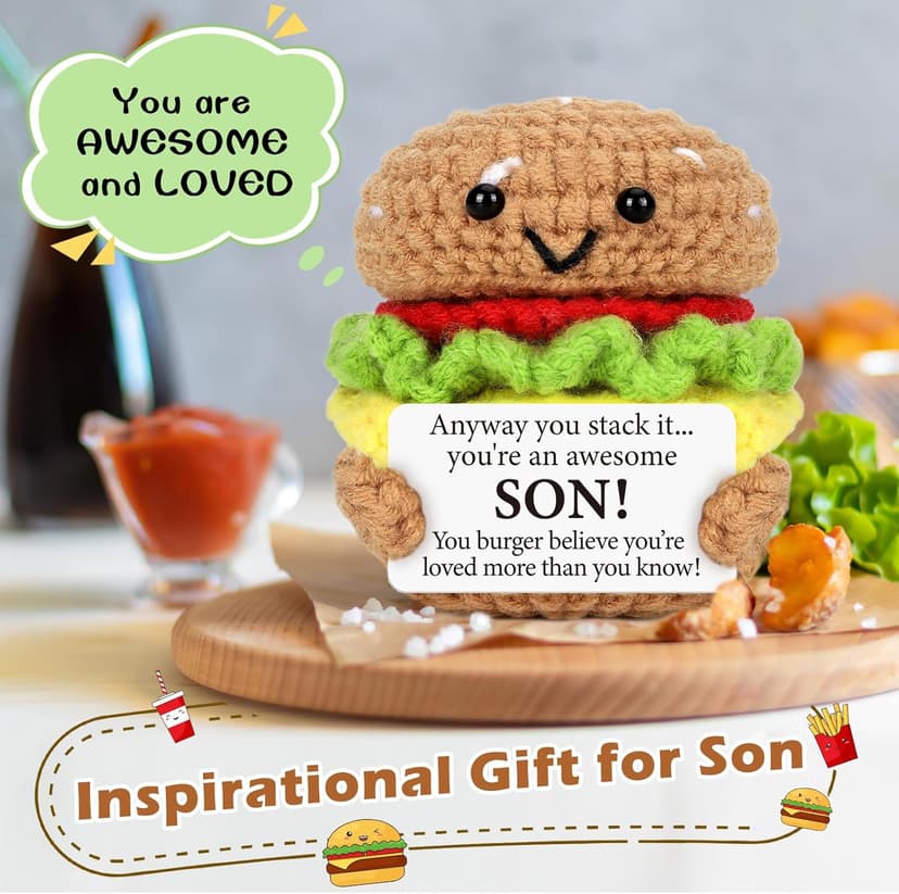 Mini Birthday Gift for Son from Dad Mom Handmade Crochet Burger for New Dad Son-in-Law Adult Sons New Father Christmas Basket Idea from Parents to Sons from Mother Father