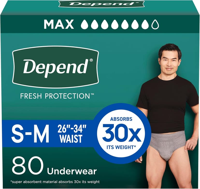 Depend Depend Fresh Protection Adult Diapers, Incontinence Underwear for Men, Disposable, Maximum, Small/Medium, Grey, 80 Count (2 Packs of 40), Packaging May Vary