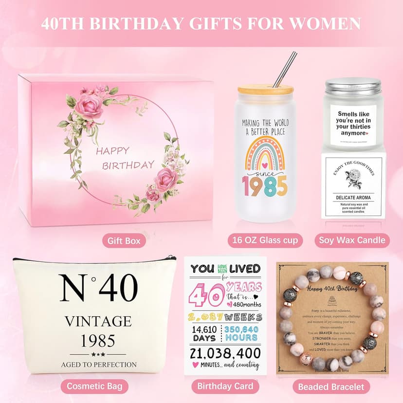 40th Birthday Gifts Women, 1985 40th Birthday Decorations for Women 40 Year Old Birthday Gifts for Wife Sister Best Friends 40 th Birthday Decorations