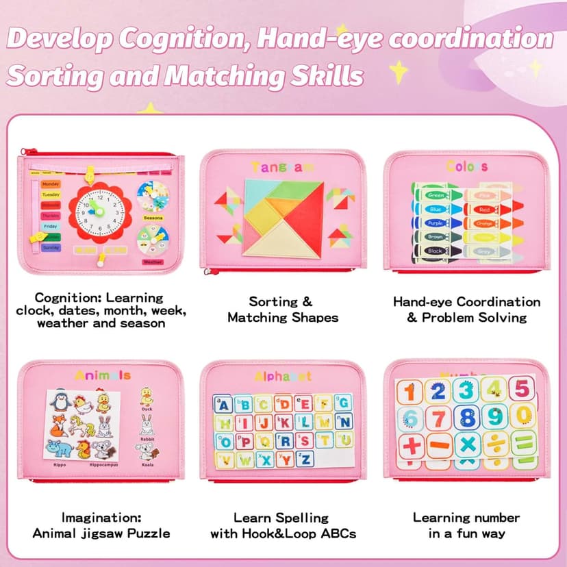 Montessori Busy Board for Toddlers 1-4 Years Old – Sensory Educational Toy for Fine Motor Skills, Travel-Friendly Activity Book, for Boys & Girls, Pink