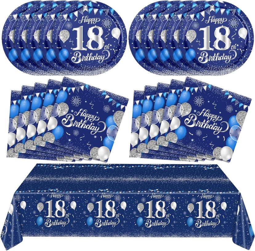 Blue 18th Birthday Decorations for Boys Girls Navy Blue Silver Happy 18th Birthday Napkins Tablecloth Plates for 18th Birthday Anniversary Party Supplies Year Old Party Decorations