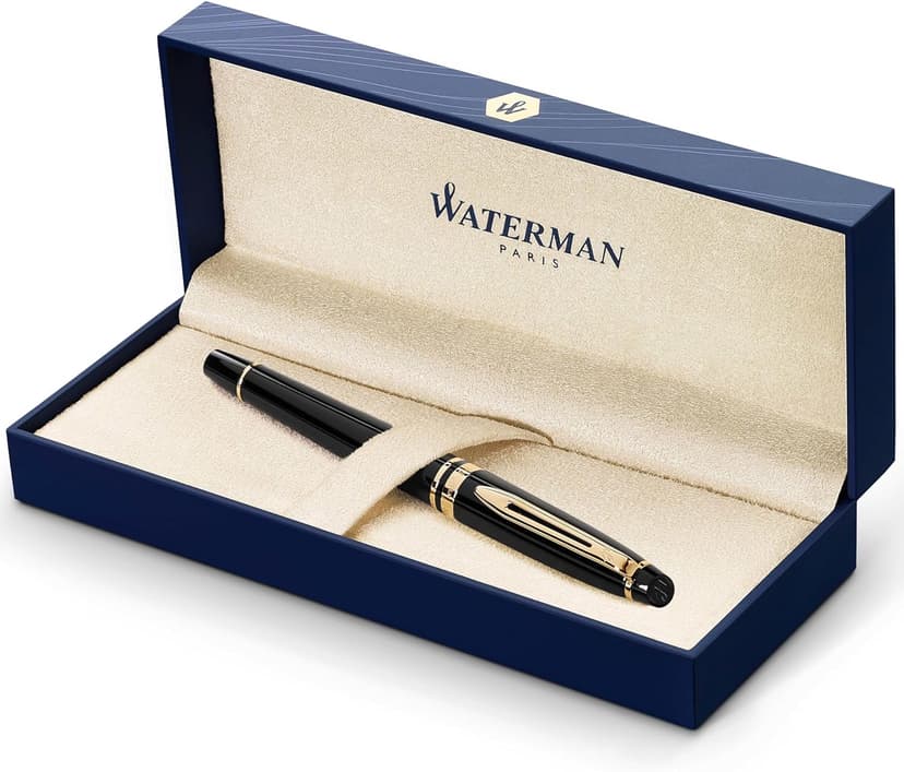 Waterman Expert Fountain Pen Gloss Black with 23k Gold Trim Fine Nib Gift Box