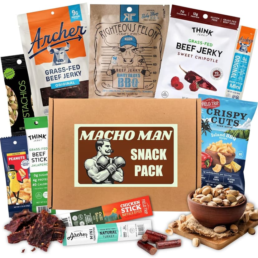 Macho Man Snack Pack Jerky Gift Box - High Protein Snacks for Men, Curated Beef Jerky Assortment Gift Box for Men, Husband, Dad, Boyfriend, Low Carb Keto