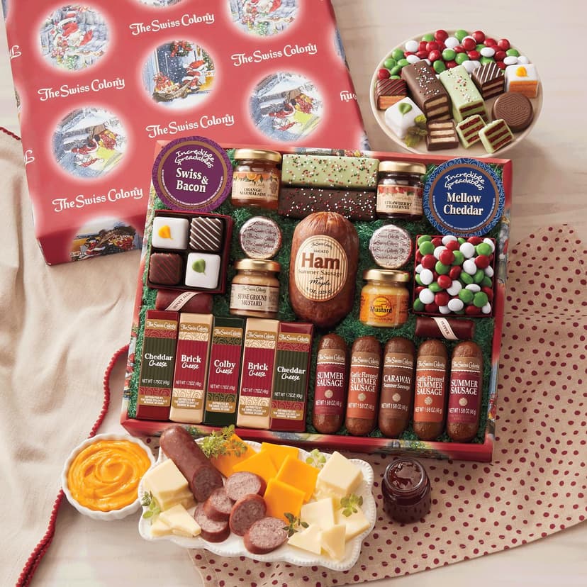 The Swiss Colony 25 Holiday Favorites – Summer Sausage Meats and Cheeses, Assorted Chocolates, and Spreadables, Sweet and Savory Treats, Gift for Holidays, Christmas, or Birthdays, Food Gift Box