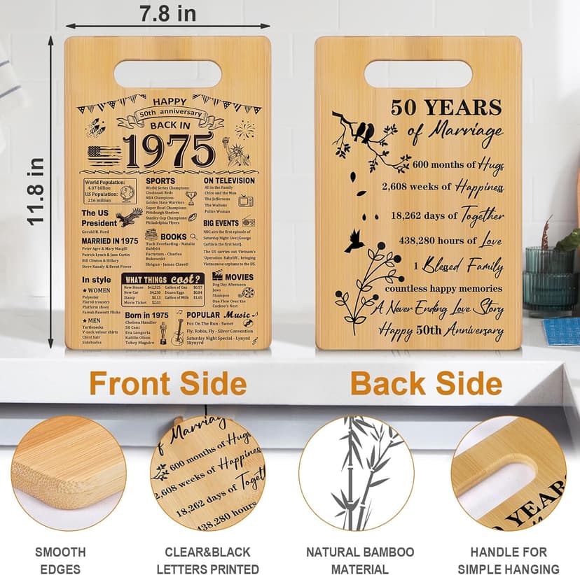 50th Wedding Anniversary for Women Men,Back In 1975&50 Years of Marriage Double sided Cutting Board Gift for Her Him,best 50 years anniversary Decorations for couple