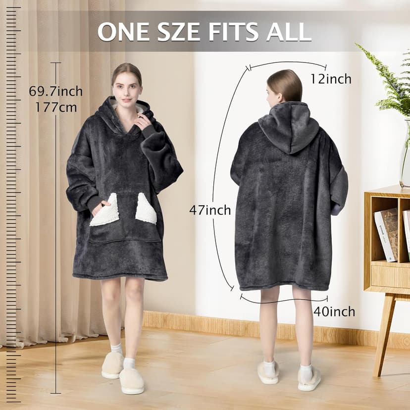 Touchat Wearable Blanket Hoodie, Oversized Sherpa Fleece Sweatshirt Blanket with Giant Hood Pocket and Sleeves for Adult, Warm & Cozy Grey Blanket Gifts for Women