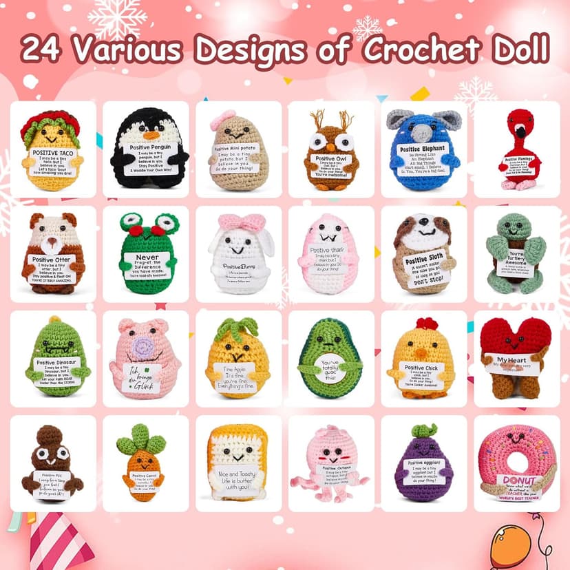 Advent Calendar 2025, 24 Days Positive Crochet Animals Christmas Countdown Calendar for Kids, Teens, Adults, Handmade Emotional Support Crochet Toys with Positive Card for Birthday, Christmas Gifts