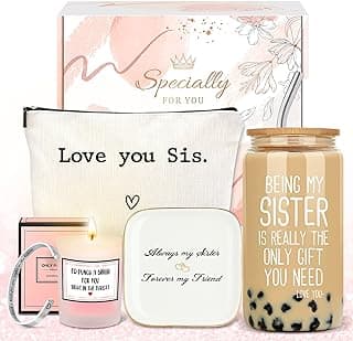 Sister Gifts from Sisters Birthday Gifts for Sisters Adult Best Sister Ever Gift Ideas for Women Cool Presents Set with Funny Glass Cup, Unique Makeup Bag, Scented Candle, Bracelet, Jewelry Tray