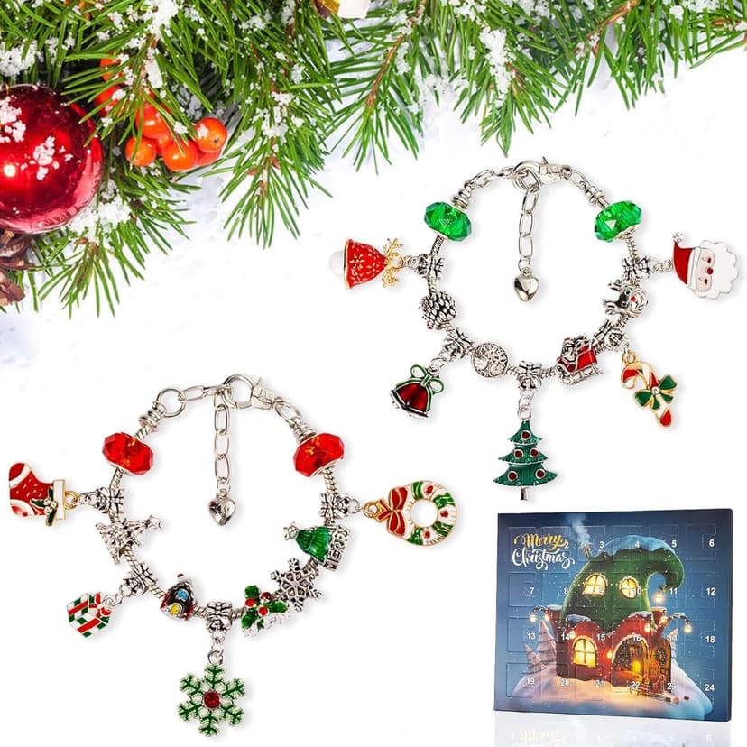Christmas Advent Calendar Bracelets 2025 for Girls 24 Days Xmas Countdown Calendar DIY Jewelry Making Kit Gift 22 Charm Beads 2 Bracelets for Kids Teens Women