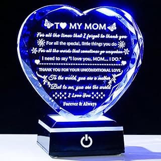 YWHL Gifts for Mom from Daughter Son, Birthday Gifts for Mom Who has Everything, To My Mom Gifts for Mother's Day Crystal Heart Keepsake with LED Base, Present for Mother on Christmas Valentine