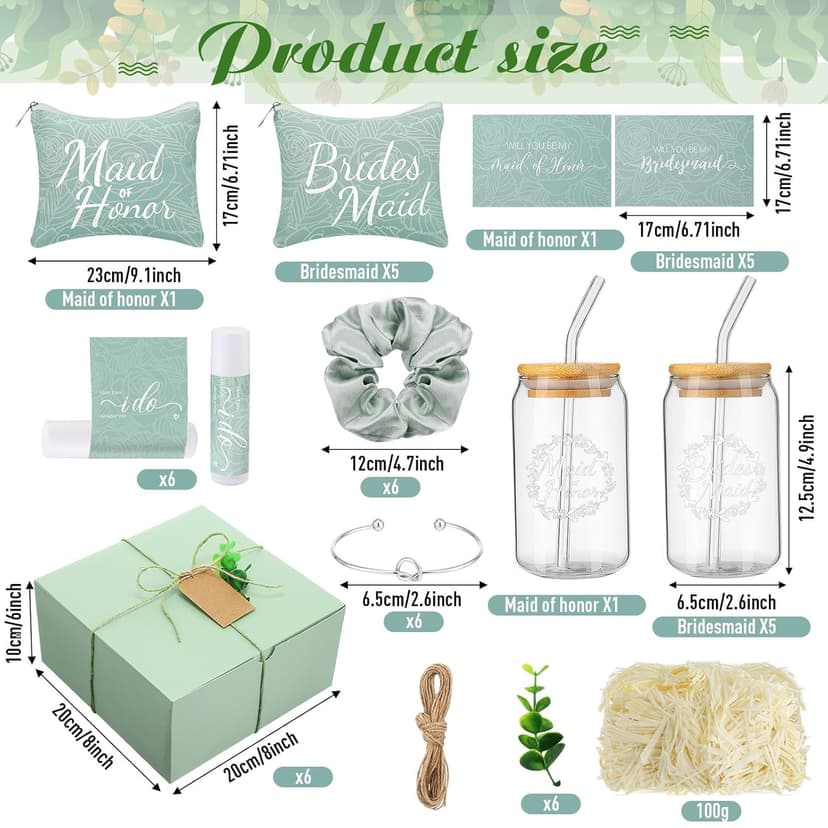 54 Pcs Bridesmaid Proposal Gifts, Maid of Honor Gift Include Wedding Gift Box Makeup Bag Invited Card Glass Cup Lip Balm Scrunchie Bracelet for Bridal Shower Bachelorette Party(Green)