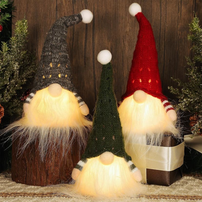 Juegoal Christmas Plush Gnomes, 9 Inch Lighted Handmade Mini gnome Scandinavian, Light Up Swedish Tomte Elf Holiday Present, Battery Operated Xmas Gifts Table Ornaments Dinner Party Supplies, Set of 3