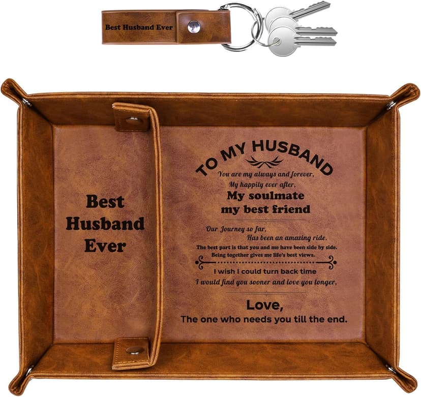 Best Husband Ever PU Leather Tray and Keychain, Men Anniversary Birthday Gifts Ideas for Husband Him Boyfriend Who Has Everything from Wife, Christmas Xmas Gifts Stocking Stuffers for Men Him