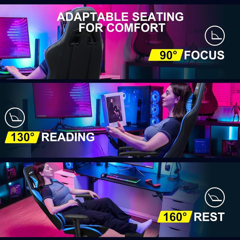 GTRACING Gaming Chair with Footrest, Ergonomic Computer Game Desk Chair, Reclining Game Chair Seat Height Adjustment, Swivel Rocker with Headrest and Lumbar (Blue)