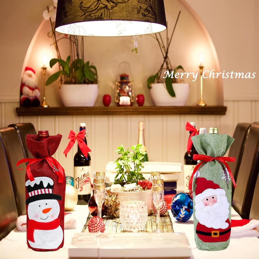 4pcs Christmas Wine Bottle Bags Burlap Wine Bottle Gift Bags with Drawstring, Reusable Santa Claus, Snowman & Reindeer Drawstring Covers for Xmas New Year Party Table Decoration