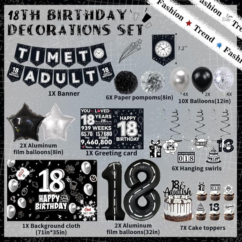 Birthday Party Supplies, Black Birthdays Decorations (18th)