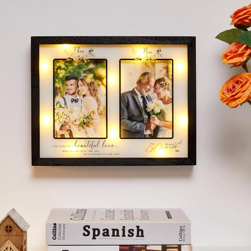 Then & Now 50th Anniversary Picture Frame for Couple, Celebrate Years of Love Anniversary Wooden Photo Frame for Parents, Husbands, Wives, Wedding Engagement Gifts, Double Frame 4x6 Photos Black