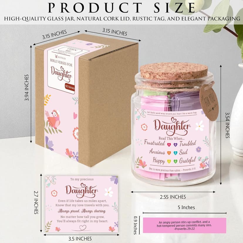 Bible Verse Jar for Daughter – 92 Encouraging Scriptures by Emotion, Christian Gift from Mom or Dad, Inspirational Jar for Teen Girls & Adult Daughter