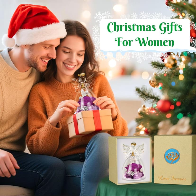 Christmas Rose Gifts for Women,Fresh Flowers for Delivery,Birthday Gifts for Women Mom,Preserved Flowers in Glass Angel Figurine,Angel Christmas Rose Gift for Grandma,Purple Gift Valentines