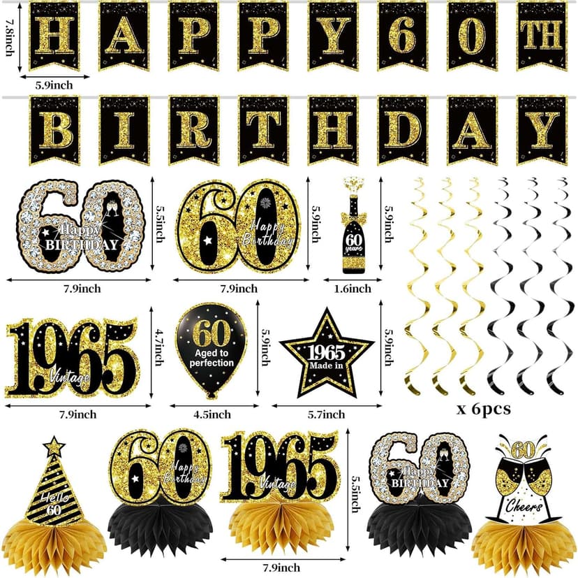 Zirtorei 60th Birthday Decorations for Men, 21pcs Vintage 1965 Banner Party Supplies, Black Gold 60 Year Old Birthday Backdrop, 60 Birthday Honeycomb Centerpiece Hanging Swirls Balloon Sash Gifts